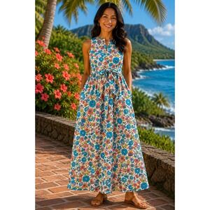 Tori Richard Honolulu Vintage Hawaiian Sleeveless Floral Maxi Dress Waist Belt 6